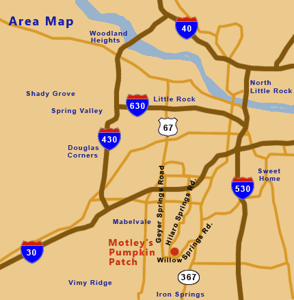 Area map shows how to get to Motley's Pumpkin Patch in Little Rock, Arkansas from Iron Springs, Vimy Ridge, Mabelvale, Douglas Corners, Spring Valley, Shady Grove, Woodland Heights, and North Little Rock.  